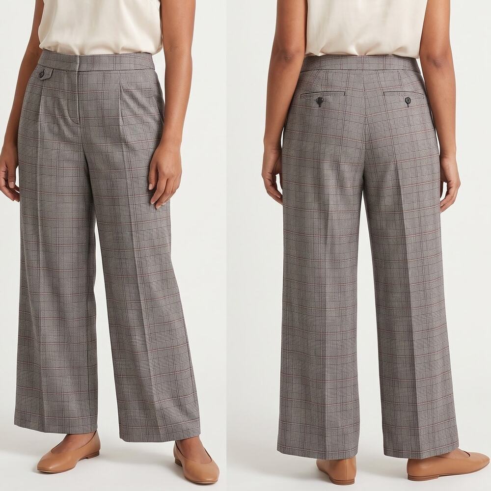 LOFT Curvy Size 12 Gray Plaid Wide-leg Trousers Tailored High Waisted